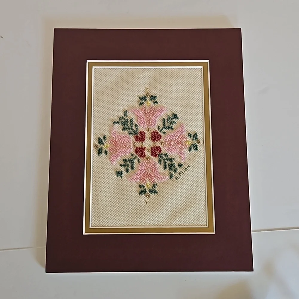 Hand Crafted Glass Beaded Art Floral Needlepoint Beadwork Pink Flower Framed